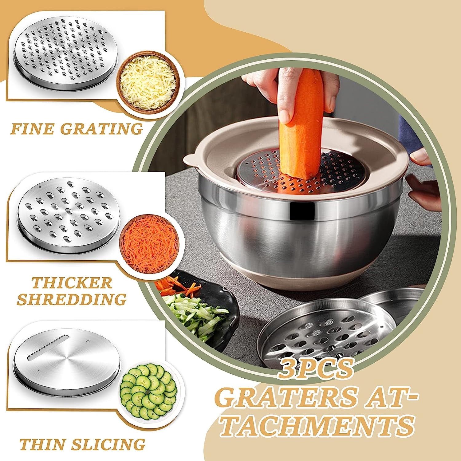 Mixing Bowls with Airtight Lids, AOKIWO 32Pcs Stainless Steel Nesting Non-Slip Bottoms Mixing Serving Bowls Set wtih 3 Grater & Tools Gadgets, 7/4/2.5/2/1.5/1QT Metal Salad Bowls for Serving Preppi