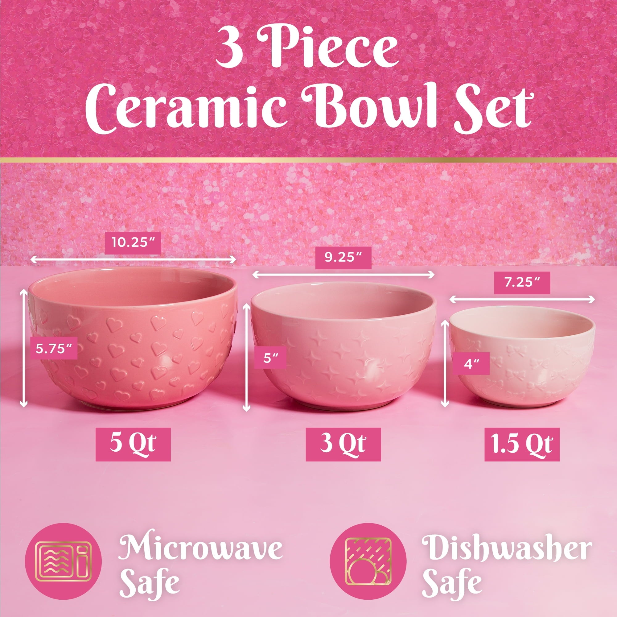Paris Hilton 3 Piece Ceramic Bowl Set, Durable Stoneware, 1.5qt., 3qt., 5qt. Sizes