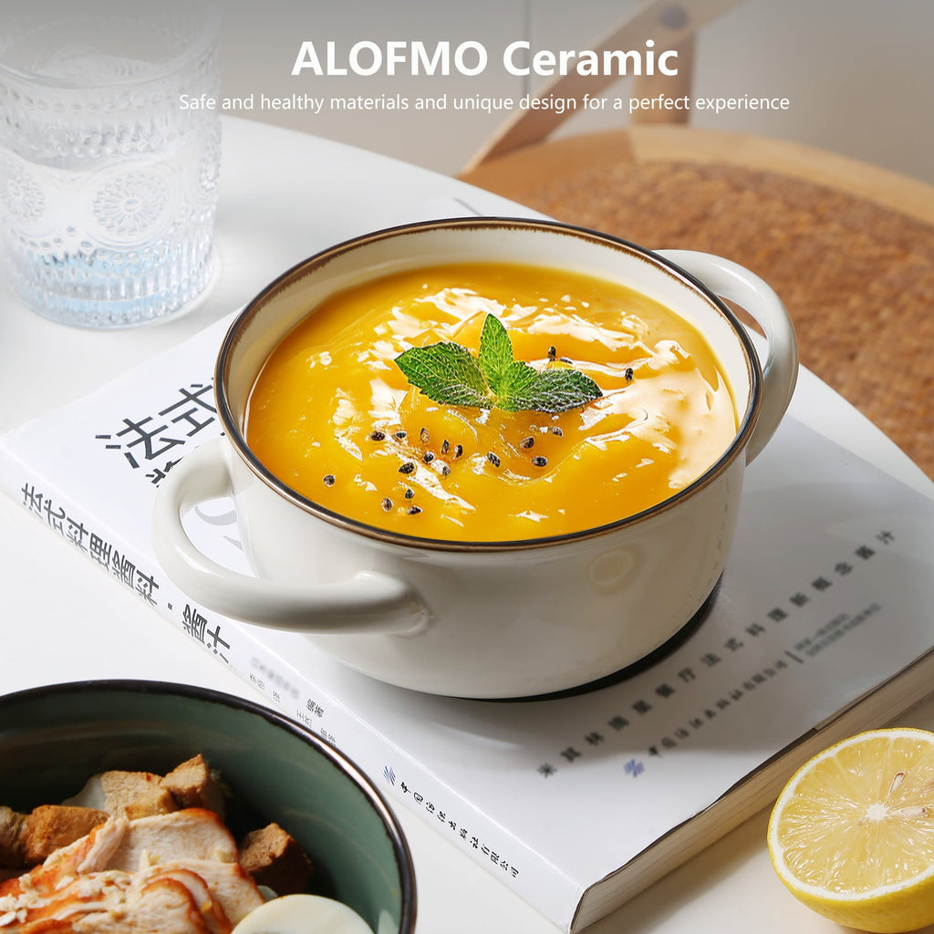 ALOFMO 28 oz Ceramic Stoneware Soup Bowl Set of 4 with Handle for Kitchen & Restaurant, 4 Pieces Ceramic Bowls Set, Oven Safe, Microwave Dishwasher Safe