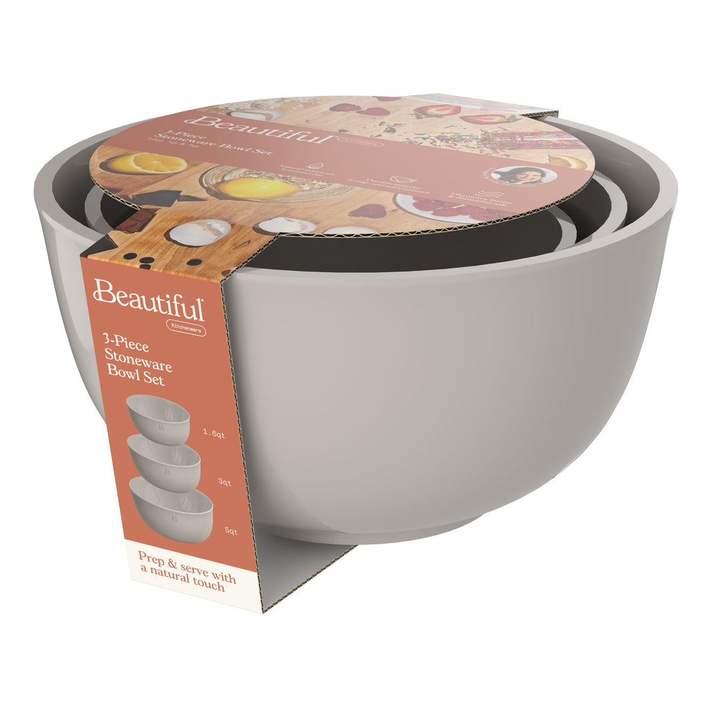 Beautiful 3-Piece Stoneware Nesting Mixing Bowl Set, Porcini Taupe by Drew Barrymore