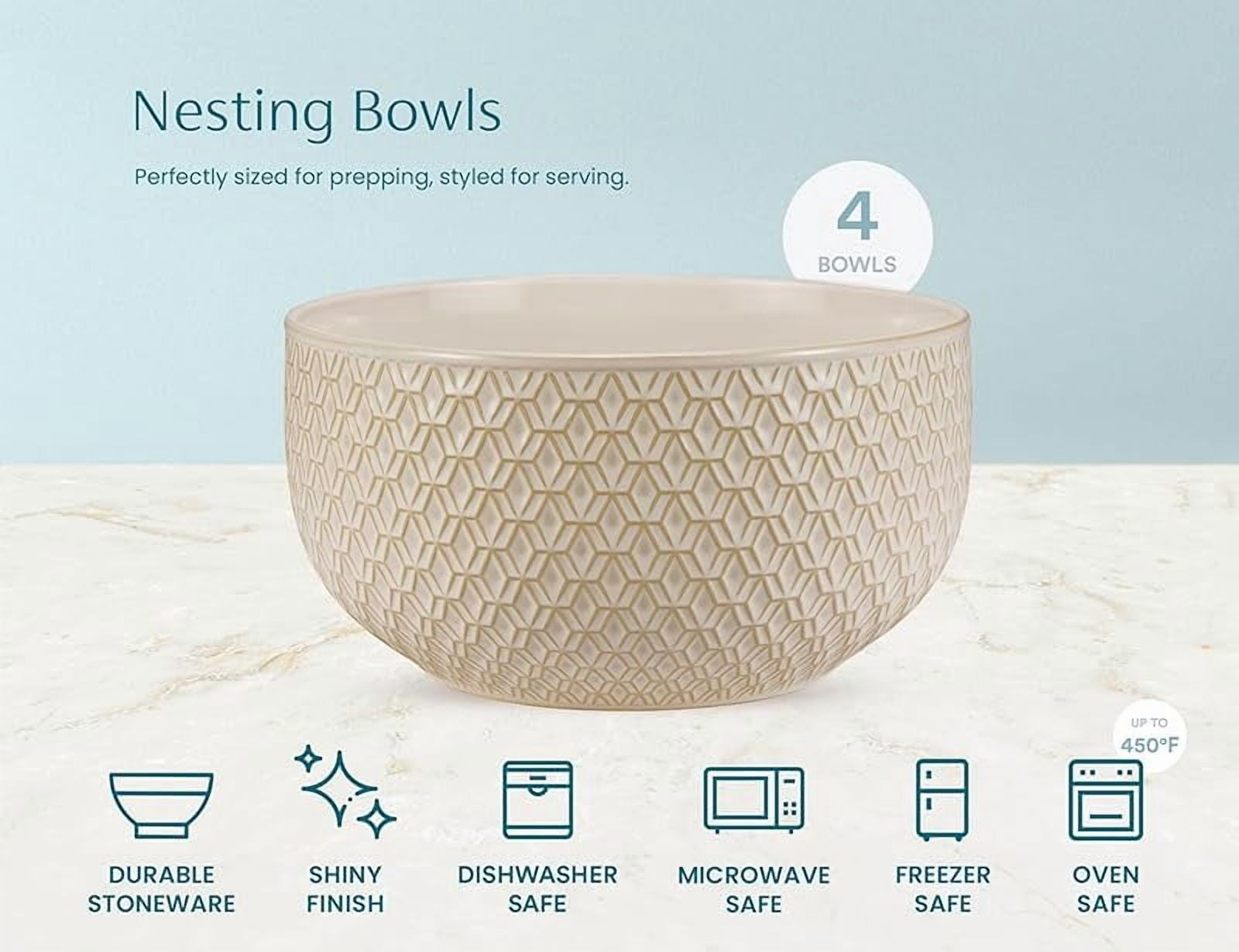 Ceramic Mixing Bowls, Nesting Set of 4, Embossed Kitchen Dishware, Prep, Serving, Gift, Microwave and Dishwasher Safe, 20/44/98/145 oz
