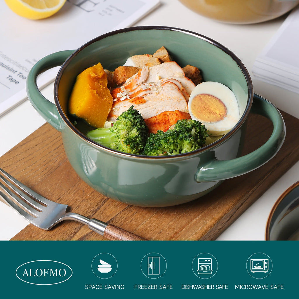 ALOFMO 28 oz Ceramic Stoneware Soup Bowl Set of 4 with Handle for Kitchen & Restaurant, 4 Pieces Ceramic Bowls Set, Oven Safe, Microwave Dishwasher Safe