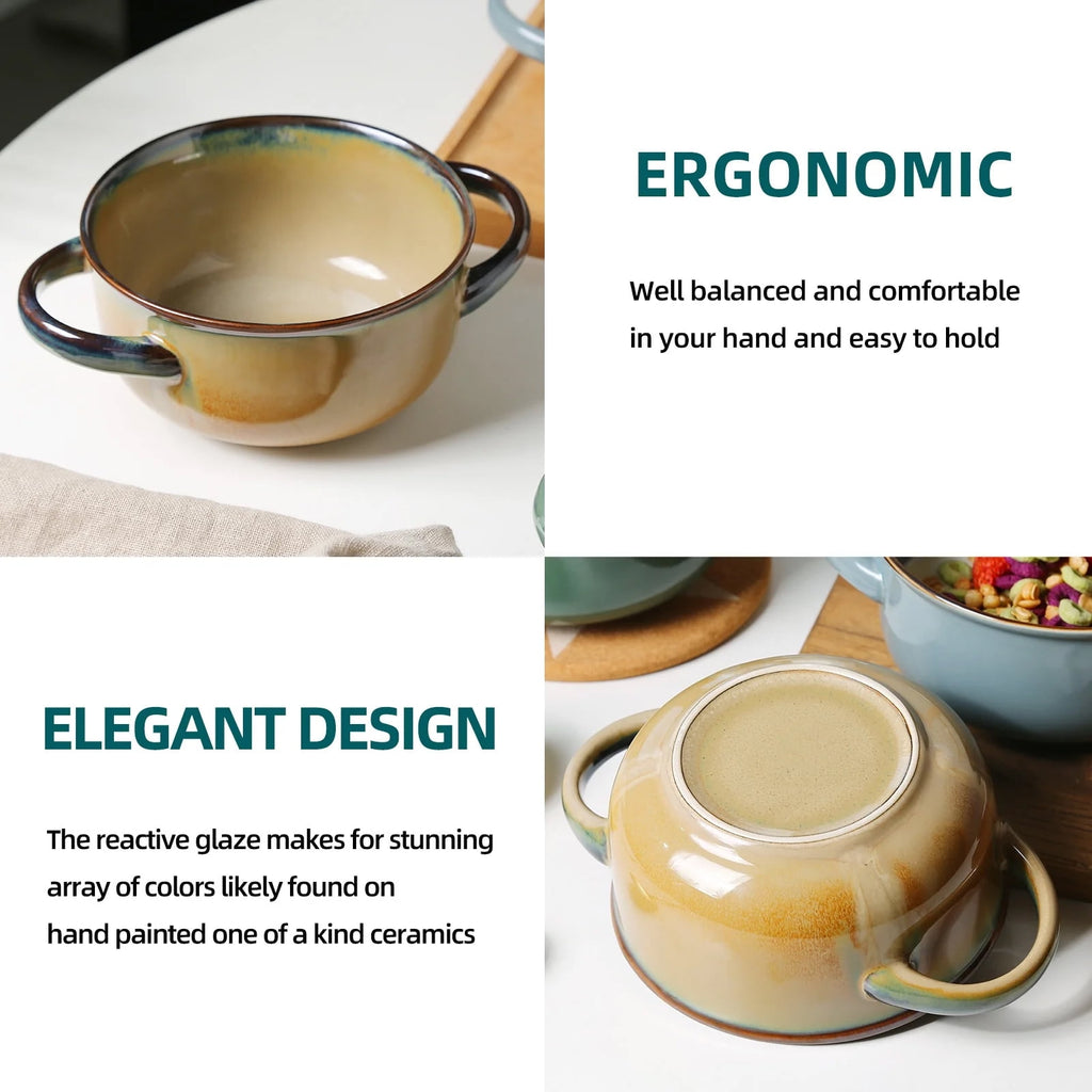 ALOFMO 28 oz Ceramic Stoneware Soup Bowl Set of 4 with Handle for Kitchen & Restaurant, 4 Pieces Ceramic Bowls Set, Oven Safe, Microwave Dishwasher Safe