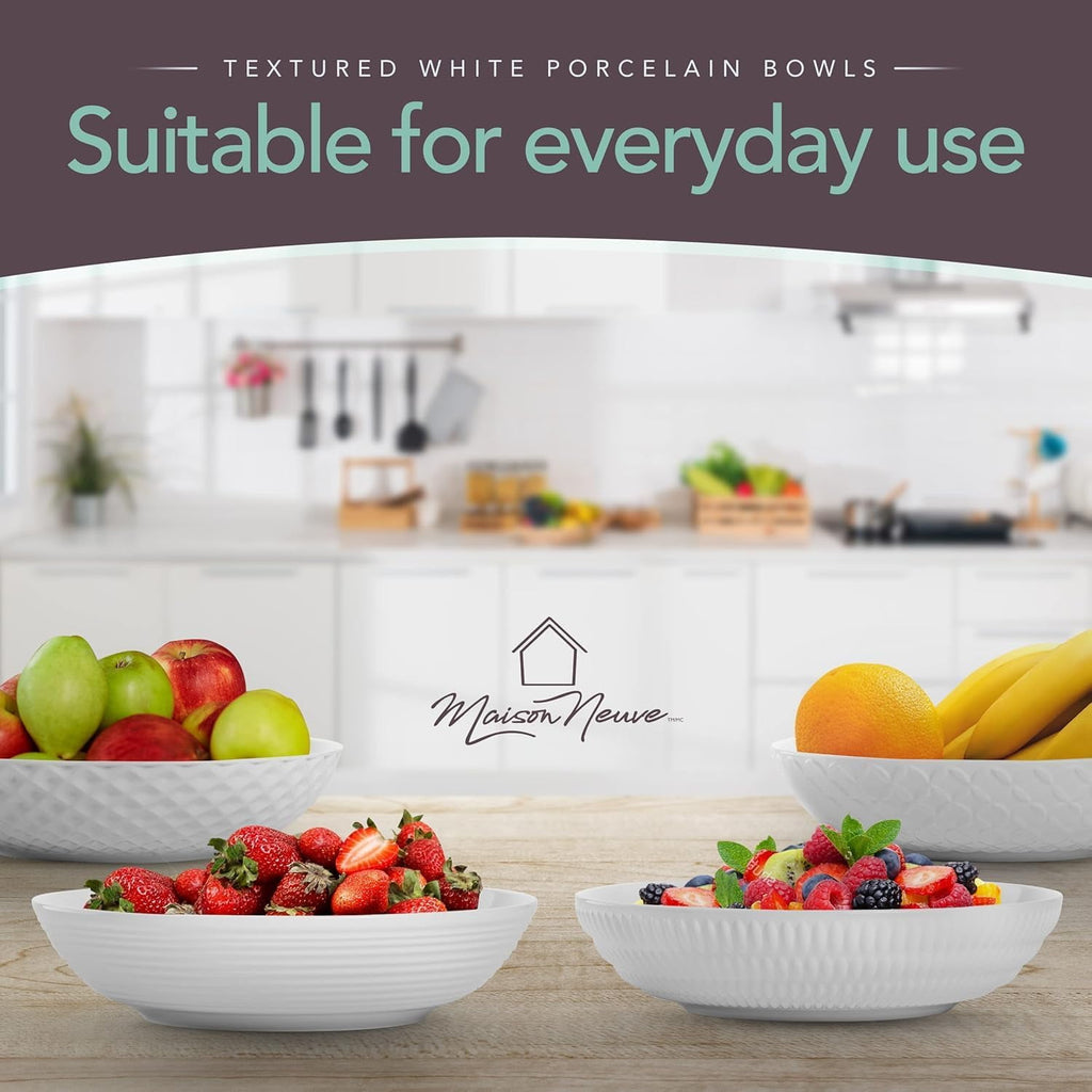 Maison Neuve 4-Piece Textured Porcelain Dinner Bowls Set for Pasta and Soup, 34 oz, 8.5”, White