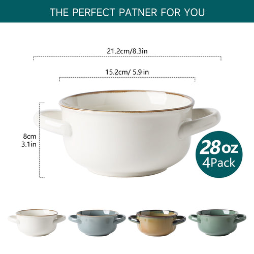 ALOFMO 28 oz Ceramic Stoneware Soup Bowl Set of 4 with Handle for Kitchen & Restaurant, 4 Pieces Ceramic Bowls Set, Oven Safe, Microwave Dishwasher Safe