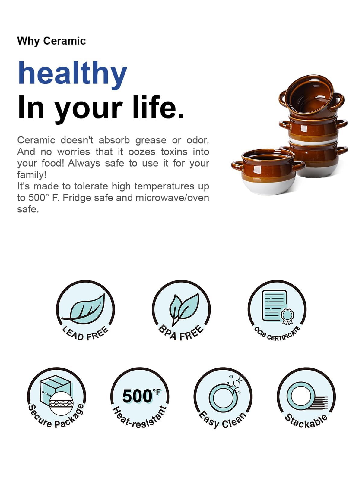 LE TAUCI 16 OZ Ceramic French Onion Soup Bowls with Handles, Set of 4 Soup Crock for Soup, Chili, Beef Stew, Cereal, Pot Pies Serving Bowls