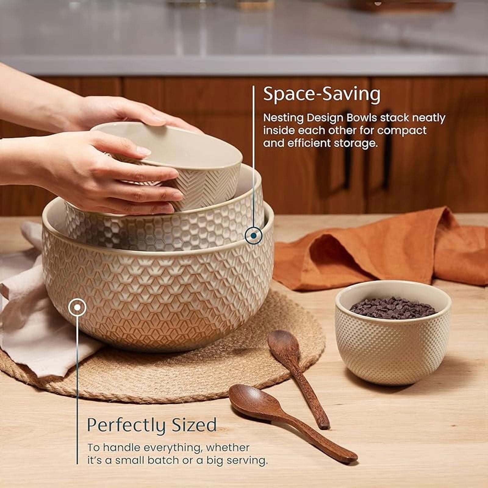 Ceramic Mixing Bowls, Nesting Set of 4, Embossed Kitchen Dishware, Prep, Serving, Gift, Microwave and Dishwasher Safe, 20/44/98/145 oz