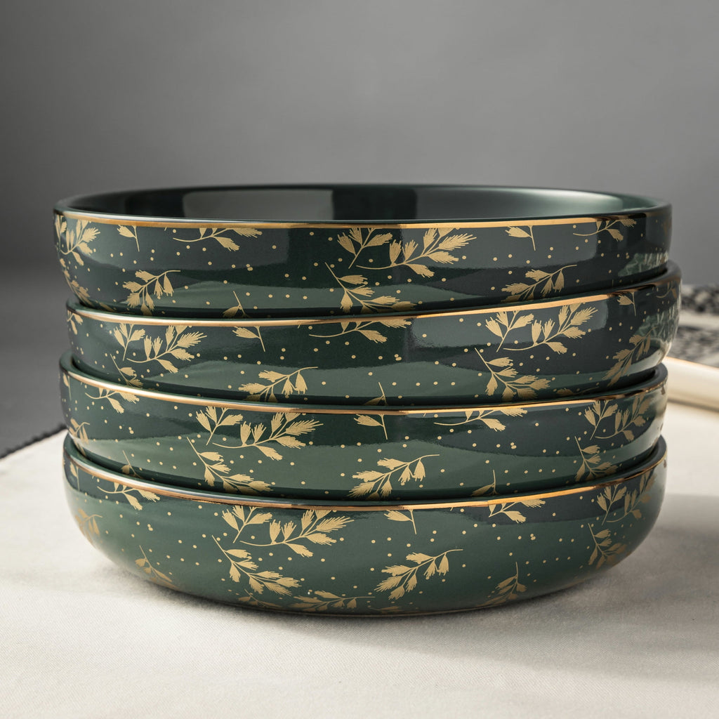 Thyme & Table Holiday Leaves 4-Pack Ceramic Low Bowl Set - Green