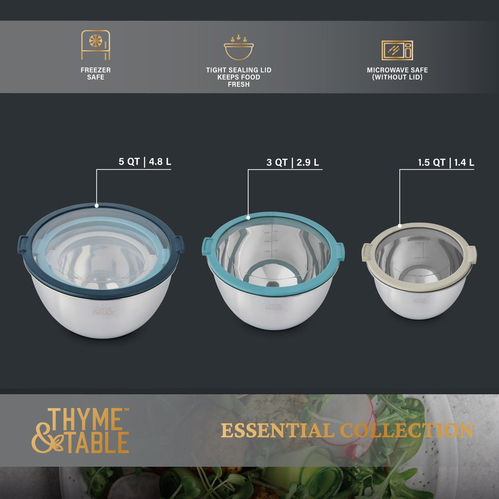 Thyme & Table 6-Piece Nesting Mixing Bowl Set with Easy Grip Transparent Lids - Blue